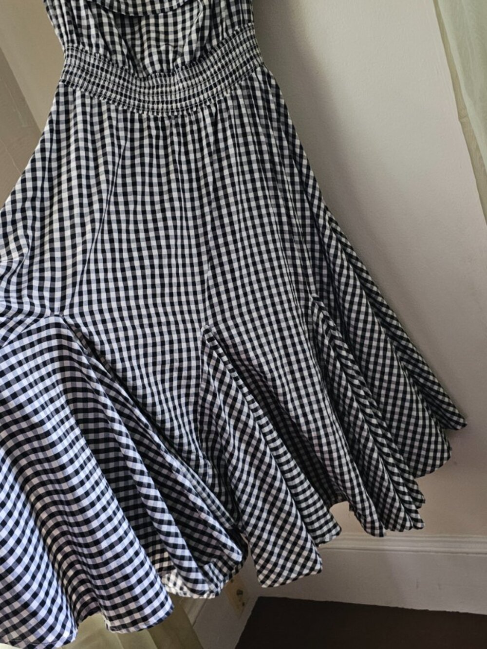 Chelsea & Theodore off-the-shoulder smocked-waist gingham dress
